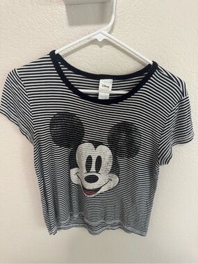 Disney Black & White Striped Mickey Face Short Sleeve Tee